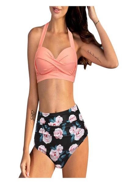 

women039s swimwear bikini swimsuit cutout waist two women vintage piece retro halter ruched high print set6703241, White;black