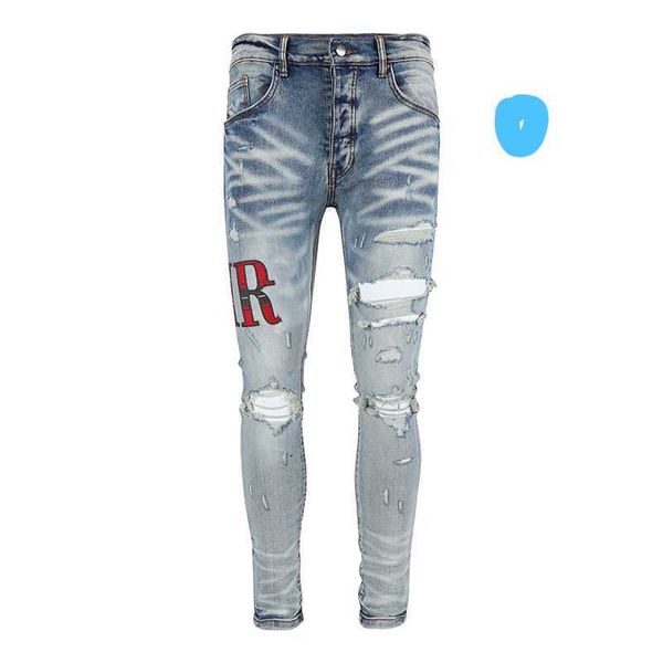

mens jeans distressed motorcycle biker jean rock skinny slim quality brand hip hop denim pants ripped hole letter r lead the fashion summer, Blue