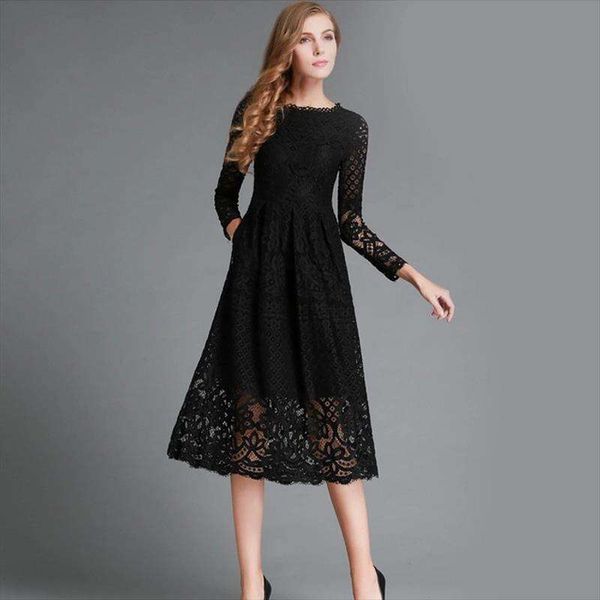 

autumn womens round collar lace long sleeve dress, Black;gray