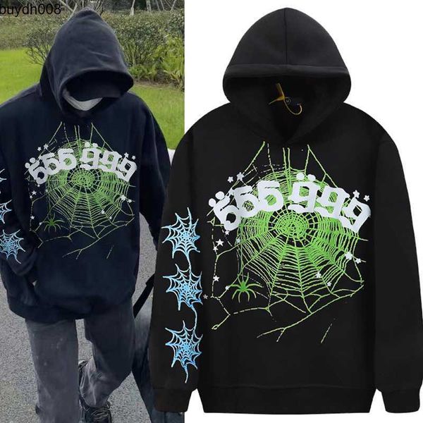 

men's hoodies sweatshirts sp5der 555555 trendy brand spider web star loose teenager pullover hooded plush sweater, Black