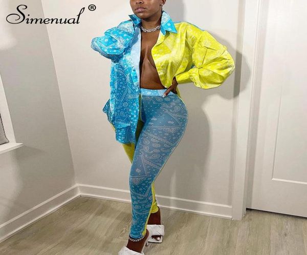 

women039s two piece pants simenual bandana patchwork baddie outfits satin blouse and mesh leggins set long sleeve fall 2022 cas1936641, White