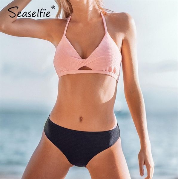 

seaselfie pink and navy halter lowwaisted bikini sets swimsuit tank two pieces swimwear women beach bathing suit t2005094348924, White;black