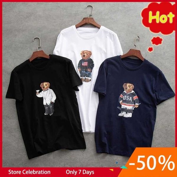 

us size 100% cotton polo bear t shirt short sleeve casual loose tee shirts with usa bear pattern printing, White;black