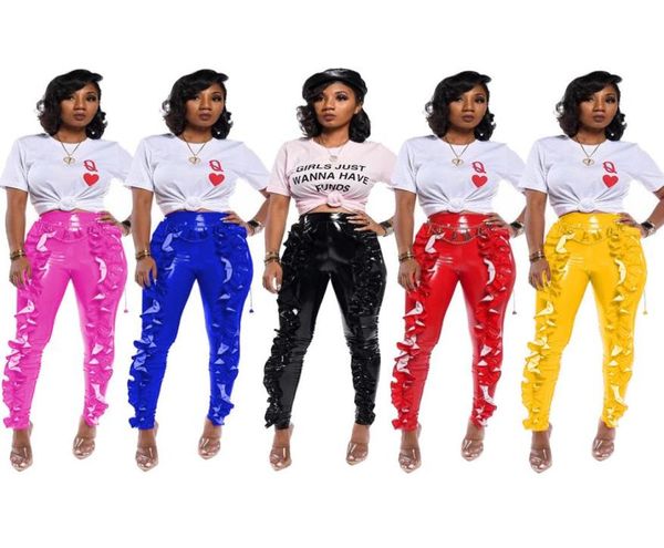 

women039s faux leather pants ruffle pu trousers club capris zipper high waist casual long pant black red blue yellow rose 4621709, Black;white