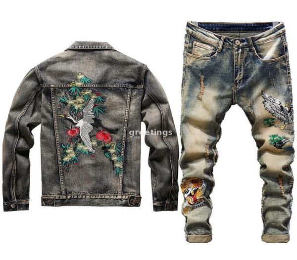 

new men jeans jacket sets fashion autumn embroidery red crowned crane suit vest embroidered tiger head jeans mens clothing 2 pie4132761, Gray