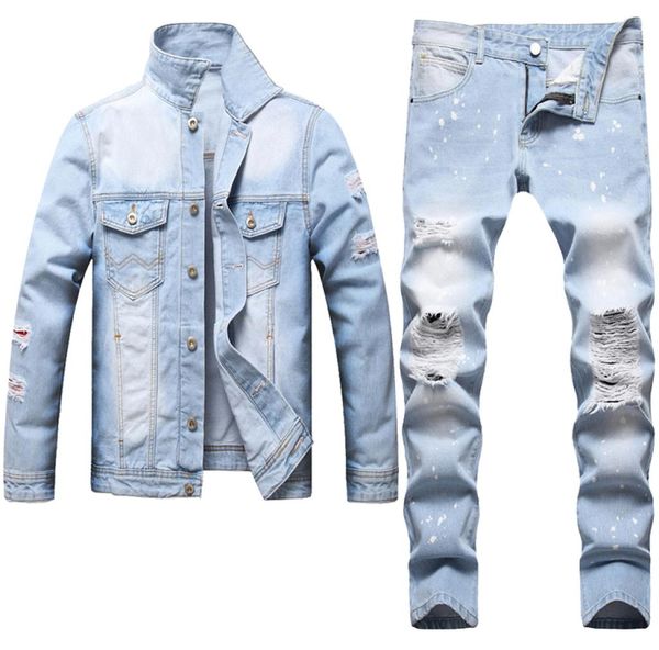 

autumn winter tracksuits light blue men039s sets ripped hole jacket and jeans simple loose side slit pocket denim coat matching8293065, Gray