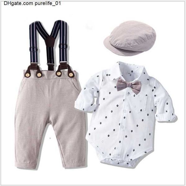 

baby boys gentleman clothing sets baby suit rompers+bowtie+suspender pants+hats 4pcs set toddler bodysuit infant clothes, White