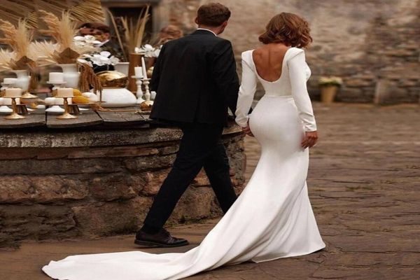 

simple ivory satin trumpet wedding dress 2022 long sleeves square neck low back court train bridal gowns slim fit reception engage6781467, White