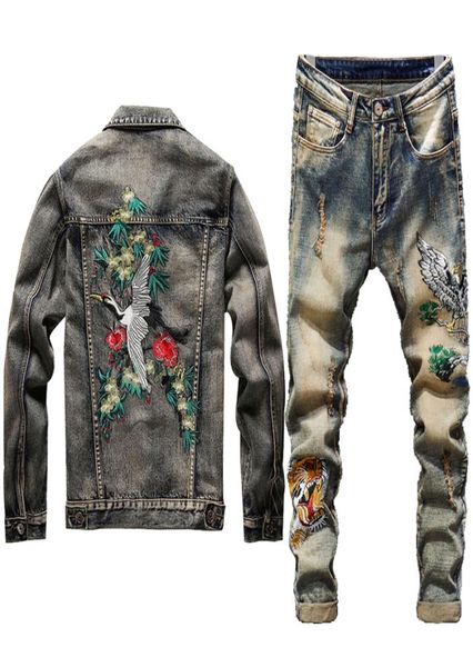 

new men jeans jacket sets fashion autumn embroidery red crowned crane suit vestembroidered tigerhead jeans mens clothing 2 piece8891029, Gray
