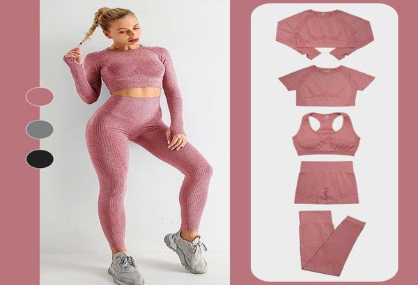 

2 5 pcs seamless women yoga set workout sportswear gym clothing fitness long sleeve crop high waist leggings sports suits 22088962980, White
