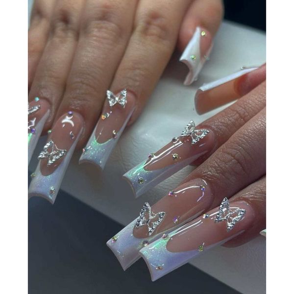 

press on nails transform your nails with 24pcs - long square, aurora butterfly rhinestone decor, fake nail - white, Red;gold
