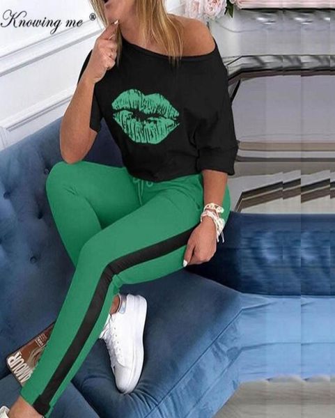 

women print tracksuit sets lady 2020 autumn off shoulder 2pcs set elegant blouseelastic waist long pants sets4077696, Gray