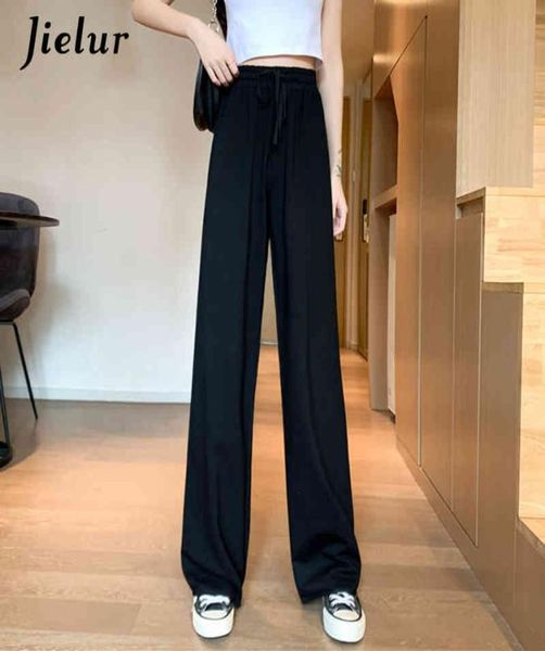 

jielur basic loose wide leg pants women drawstring high waist sports pants street casual black gray trousers m2xl spring 2104128441996, Black;white
