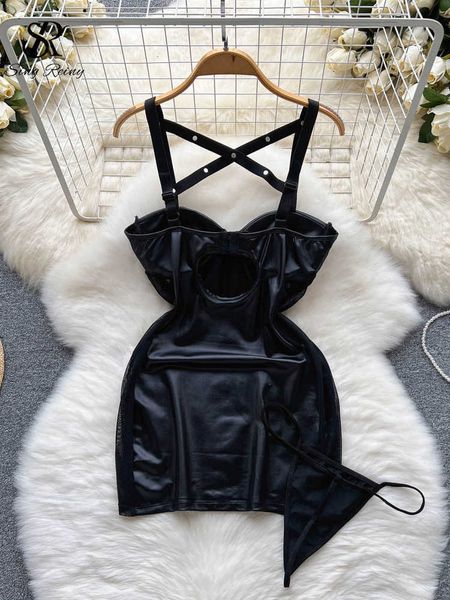 

skirt singreiny spaghetti straps camis women pajams drsss backless bodycon dress pu leather sensual streetwear erotic nightwear, Red;black