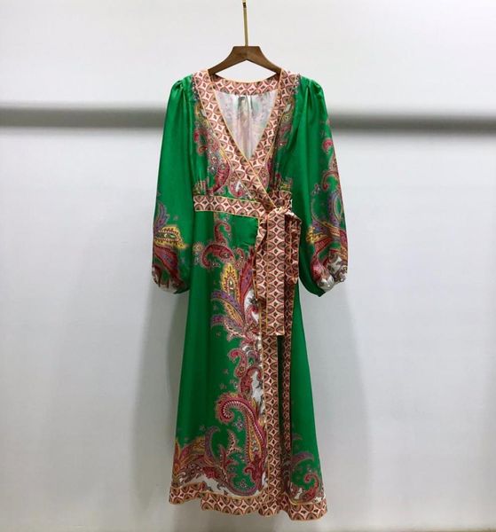 

2021 summer highend women039s dress palace style retro pattern print tie vneck temperament slim dress9243717, Black;pink