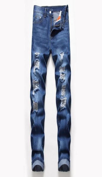 

big size mens classic straight leg ripped jeans fashion designer slim fit washed solid hole biker hip hop blue denim pants jb22781227