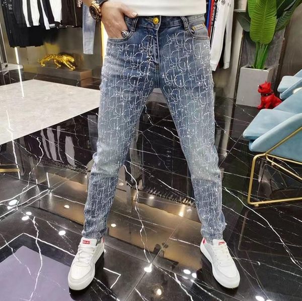 

luxury full logo rhine men's jeans fashion heavy process male tight pencil pants all season wear trend high-quality man denim trousers, Blue