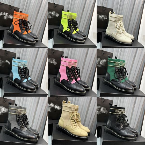 

real cowhid leather women boots interlocking c sock booties quilted lace up ankle boot mid high tall crochet knit stocking mary jane channel, Black