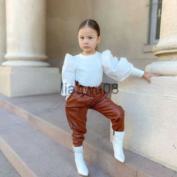 

clothing sets 2pcs toddler girls clothes fall winter outfits long puff sleeve rib knit mini leather skirt fashion girls set 16 years x0803, White