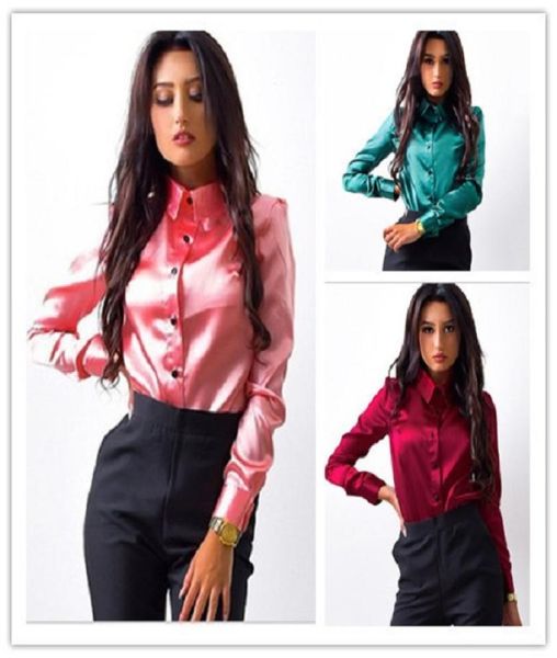 

women silk satin blouse button lapel long sleeve shirts ladies office work elegant female blusa9436110, White