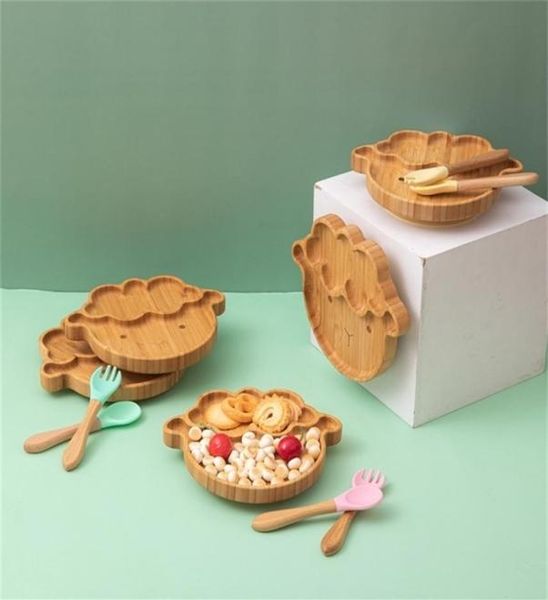 

3pcs baby feeding bowl dinner plate kids cartoon tableware bamboo wood nonslip dinnerware spoon fork set silicone cup 220414260r1114563