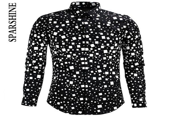 

men shirt chemise homme black white square printed slim long sleeve mens dress shirts cotton shirt camisa9423783, White;black