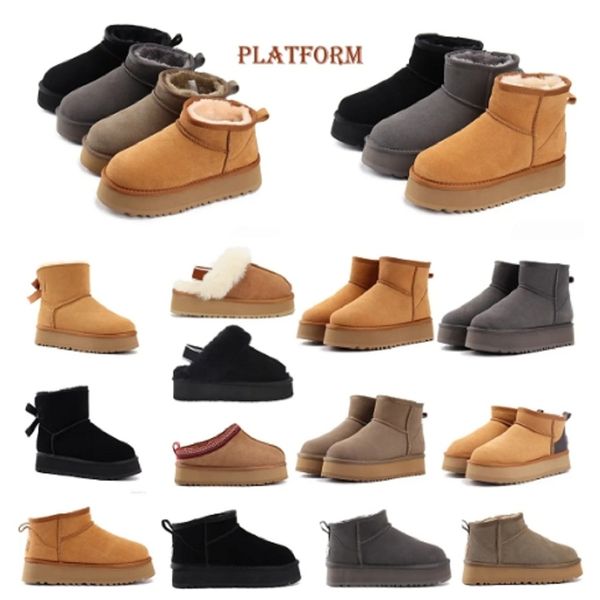

australia ultra mini platform boot women designer ankle snow fur boots brown winter thick bottom warm fluffy slip-on booties for woman class, Black