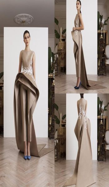 

azzi osta champagne 2019 jumpsuits prom dresses peplum jewel neck lace appliqued celebrity party gowns dubai satin long evening dr1537182, Black