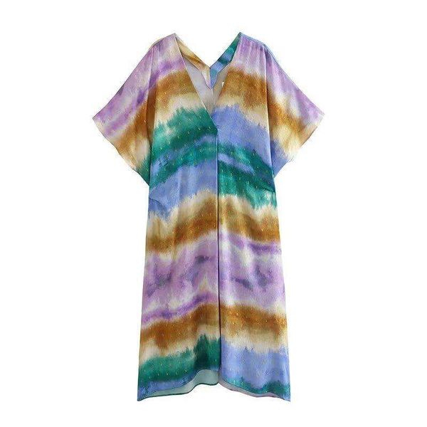 

autumn style temperament v neck short sleeve loose tie dyed gown dress for women, Black;gray
