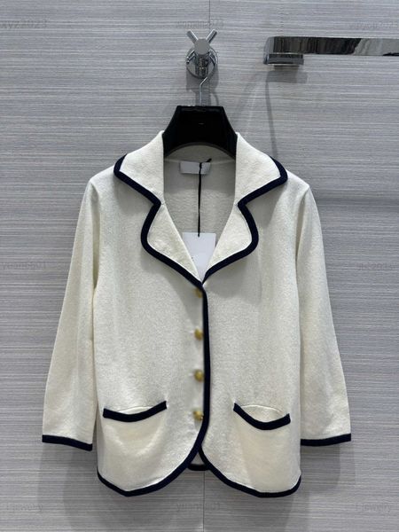 

designer women clothes fashion girl lapel sweater single breasted cardigan  dark striped edging design knit july27, White