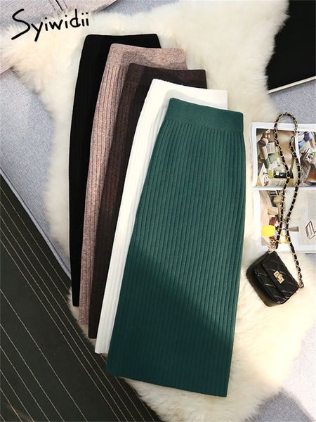 

skirts syiwidii knitted for women fall winter slim high waisted elegant ladies long korean fashion warm skirt 230804, Black