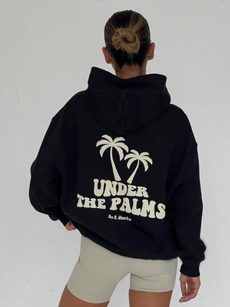 

women's hoodies back coconut tree hoodie woman 2023 autumn winter pocket hooded cotton pullover femme casual vintage, Black