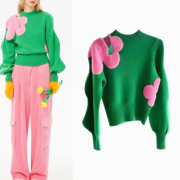 

women's sweaters runway knitted sweaters women pullovers sweaters ruffles sleeve hollow out big flowers knitwear mujer green pink sweat, White;black