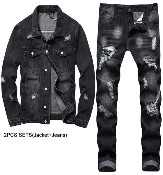 

black multiple ripped men039s 2 pieces sets personality truck tracksuits motorcycle loose denim jacket matching slim fit straig8803001, Gray