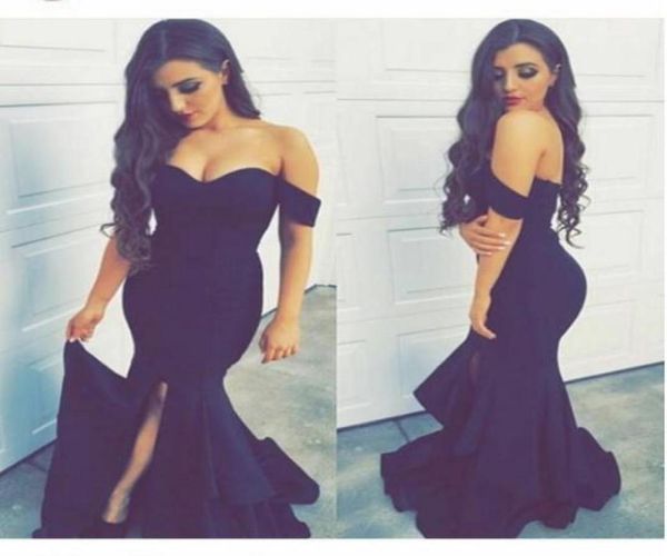 

2019 mermaid split evening dresses sleeves off the shoulder backless satin formal prom gowns saudi arabia dubai7229699, Black