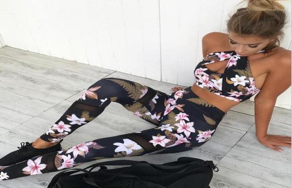 

asstseries fashion flower print women sets mesh fitness suit backless cross strap crop slim pants ladies 2 piece set14588155, White