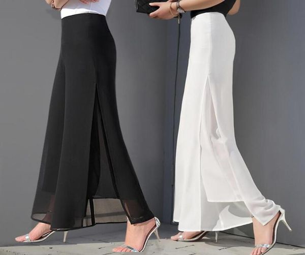 

chiffon trousers high waist large size long skirt mesh loose straight casual split wide leg pants women6159457, Black;white