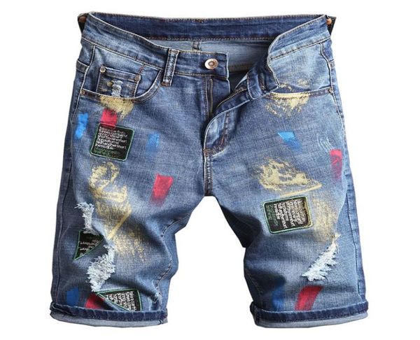 

mens fashion embroidery jeans colored painted denim shorts summer holes ripped slim straight male pants1895278, Blue