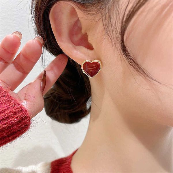 

charm trendy sweet burgundy enamel heart earrings for women girl gold color metal love earrings fashion vintage statement jewelry r230804, Golden
