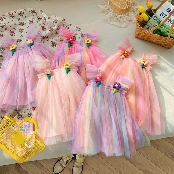 

girl's dresses 1-6y girls tulle super fairy princess dresses fly sleeve rainbow flower cake dress children mesh puffy birthday party ve, Red;yellow