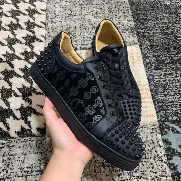 

luxury brands black real leather red bottoms low tennis rivets shoes for men's casual flats loafers women's spiked sneakers red s