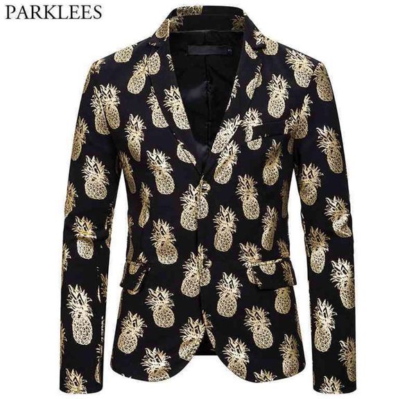 

mens party blazer jacket gold pineapple print blazers mens slim fit 2 button suit jacket male wedding prom stage costume homme 2103828629, White;black