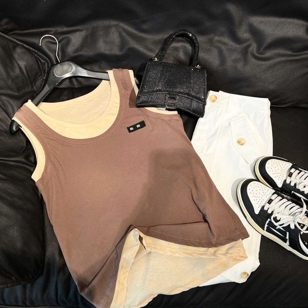 

tank strap 2023 summer new line academy french celebrity fake two piece contrast women, White