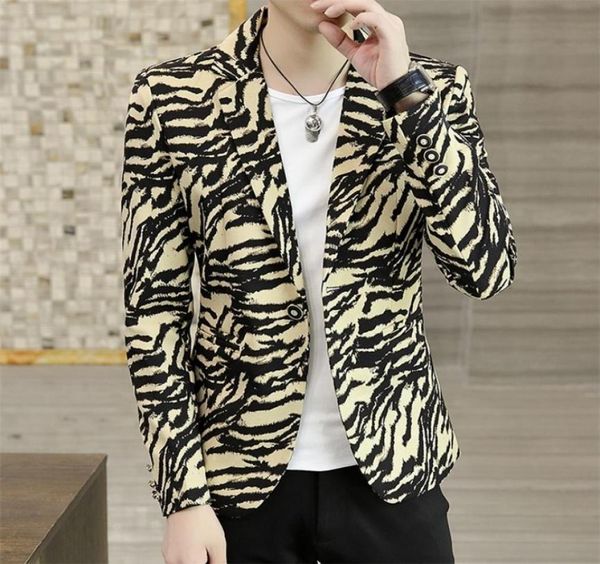 

men personality suit jacket hair stylist printed small suit casual jacket korean handsome night show zebra print men039s blazer5917705, White;black
