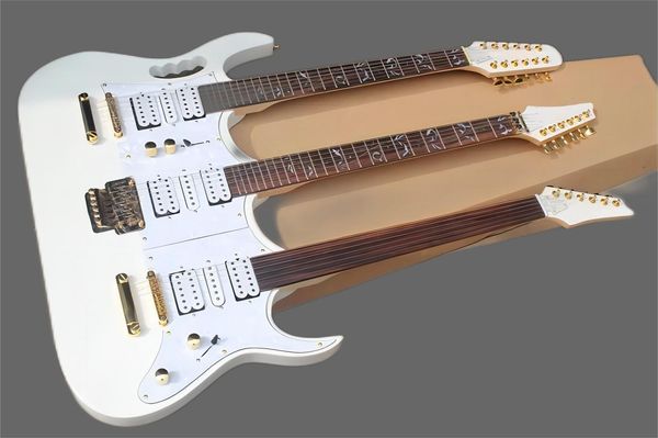 

factory custom 3 necks white electric guitar with 6+6+12 strings,rosewood fretboard,gold hardware,offer customized