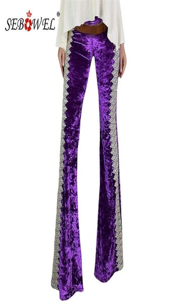 

sebowel autumn winter greenpurple crochet splice lace velvet flares pants for woman new design female bellbottomed pants sxl y25824462, Black;white