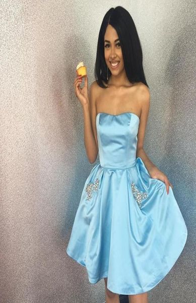 

light sky blue simple short homecoming prom dresses strapless with pockets crystal mini graduation party dress satin 20228706532, Blue;pink