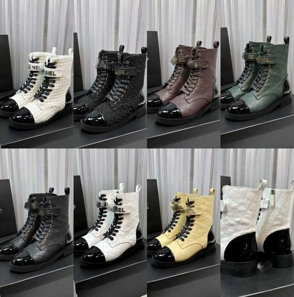 

new autumn winter real leather boots women designer tweed quilted calfskin booties mid lace up ankle boot patent black cap toe bootie interl