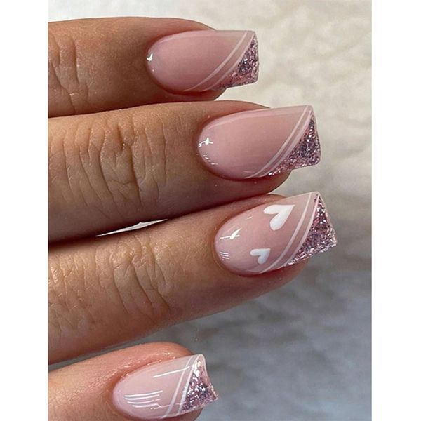 

press on nails upgrade your look with 24pcs - long square, glitter line, love heart print, fake nail, Red;gold