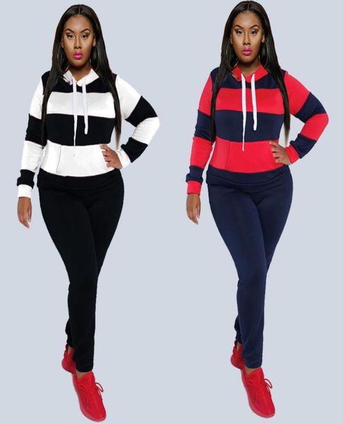 

striped printing women sportwear tracksuits lady039s plus size high waist casual pants drawstring pockets hoodies two piece s5232330, Black